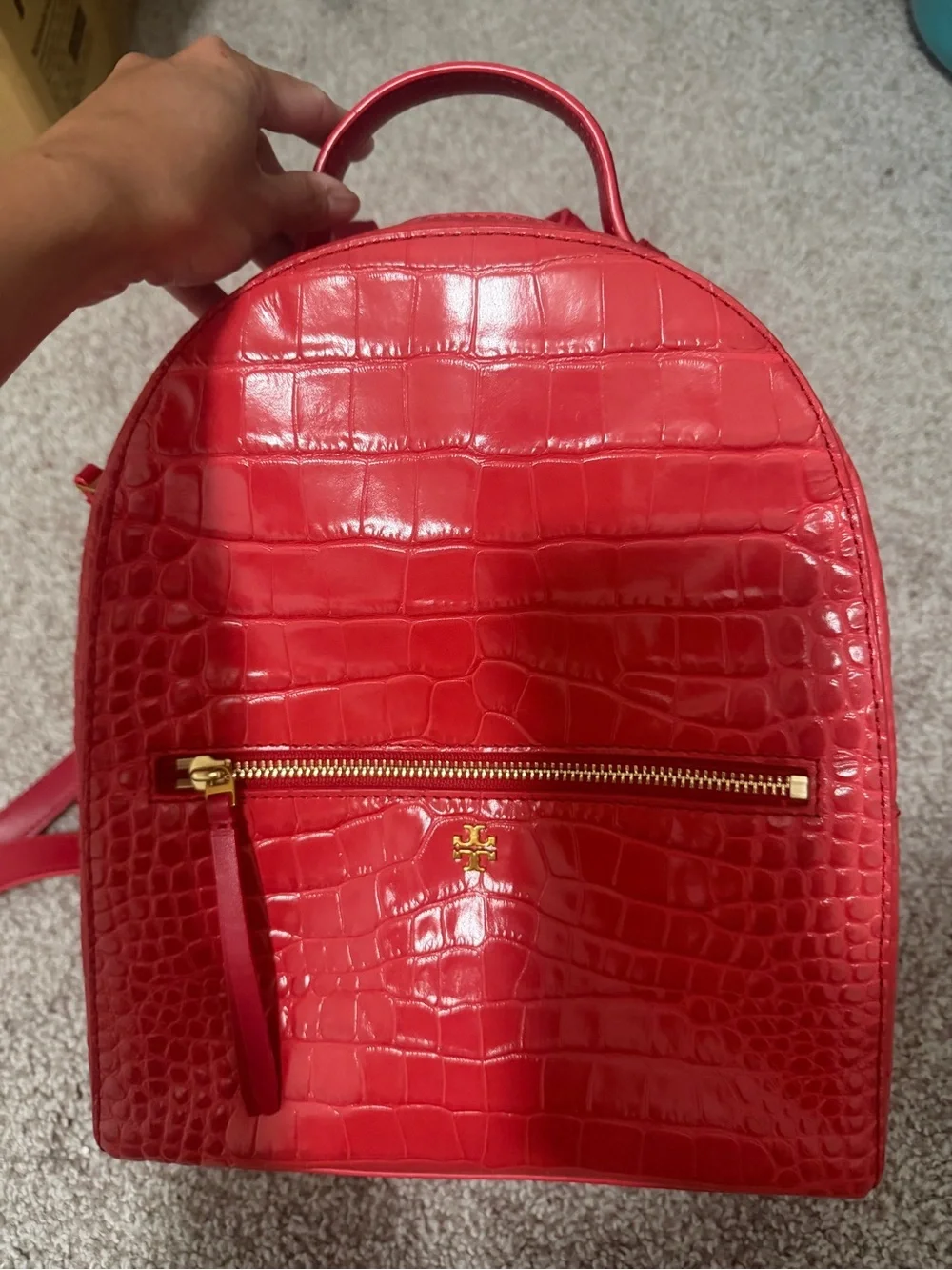 “Authentic” Tory Burch Red Croc-Embossed Mini Backpack